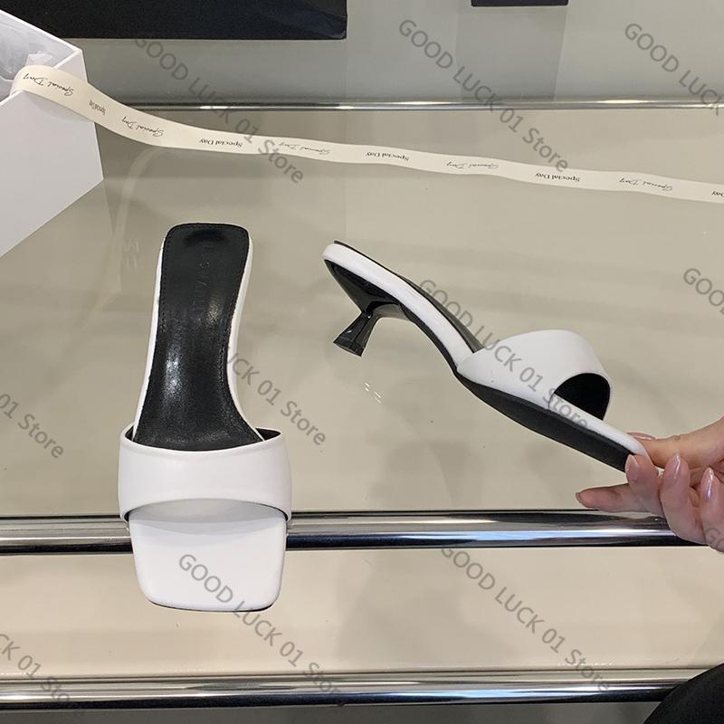 

Fashion 2025 Summer Square Toe Women Silvery Slippers Ladies Elegant Outdoor Street Style Thick Heel Slides Sandalias 40 белый