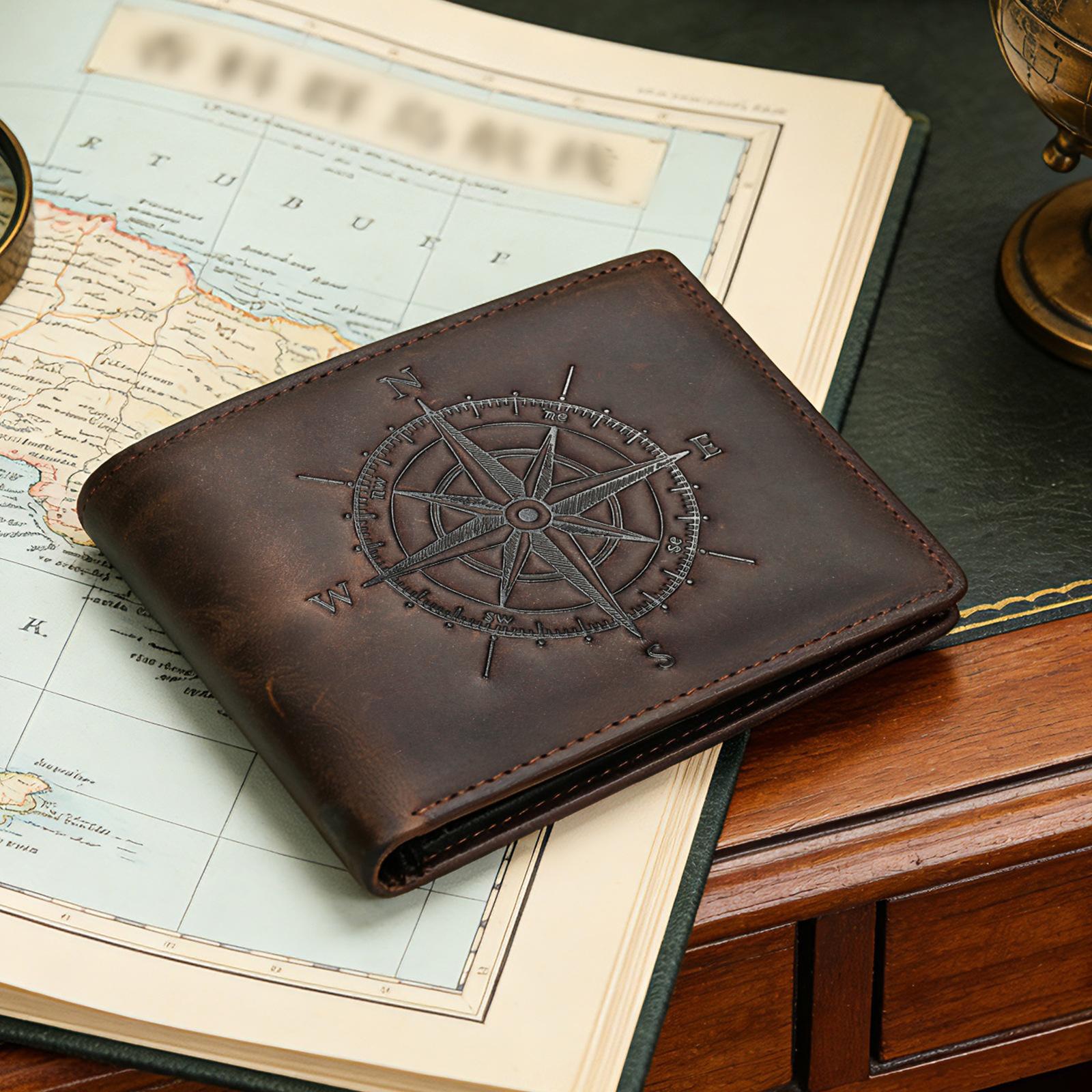

Men s Crazy Horse Leather Wallet Retro Compass Navigation Compass RFID Anti-theft Chip Multi-functional Business Wallet
