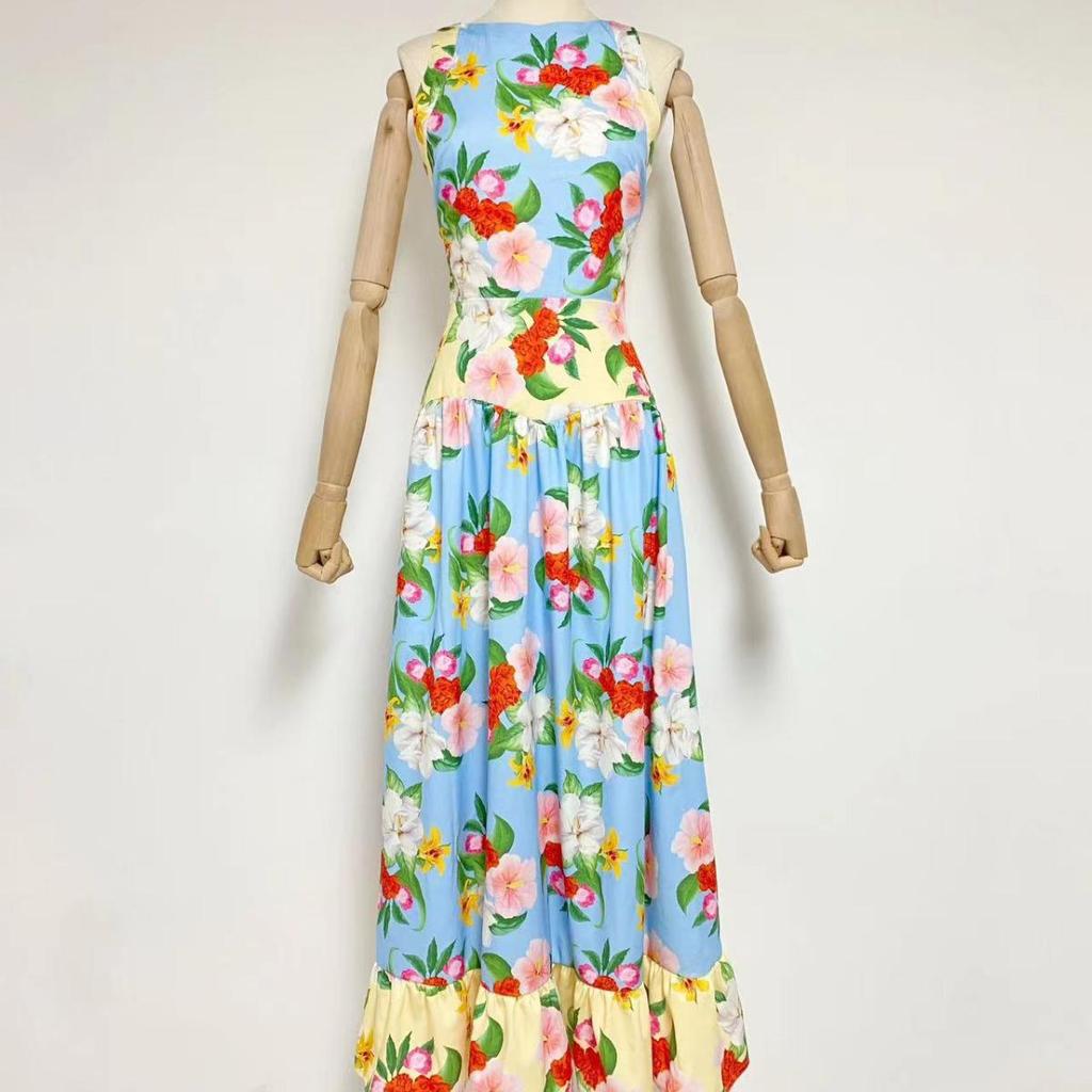 Morelowa sukienka szyfonowa halter z falbanami - Lato 2023 Bez ramiączek Koronkowa Bez rękawów Maxi spódnica