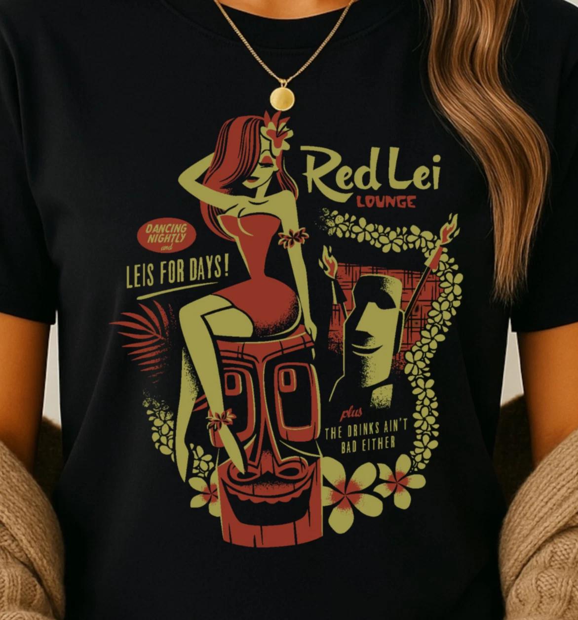 Red Lei Lounge T-Shirt, Tropical Vibe Tee, South Pacific Luau Top 2XL