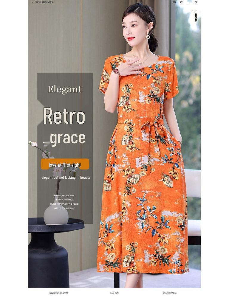 2023 Plus Size Floral Summer Cotton Dress for Middle-Aged Women