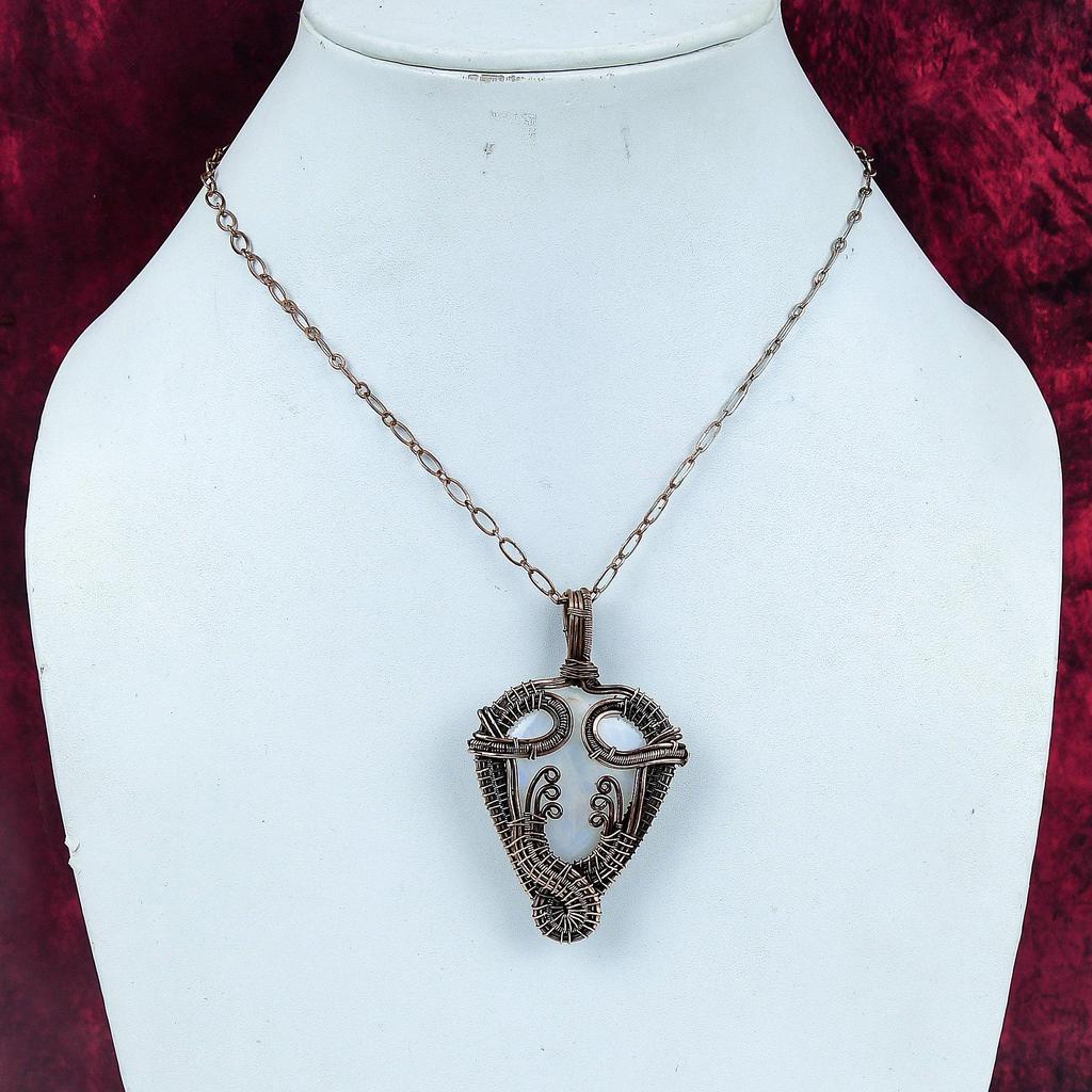 Rainbow Moonstone Gemstone Pendant Copper Wire Wrapped Jewelry Handmade Pendant