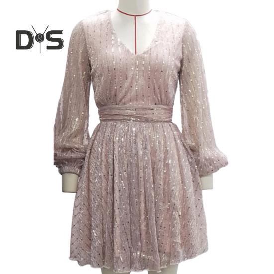 Women Dress Low Cut Deep V Neck Long Lantern Sleeves Solid Color Tight Waist Pleated A Line Big Swing Commute Lady Spring Summer Mini Dress