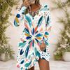 Women Criss Cross V Neck Long Sleeve Green Beige Printed Irregular Hem Dress