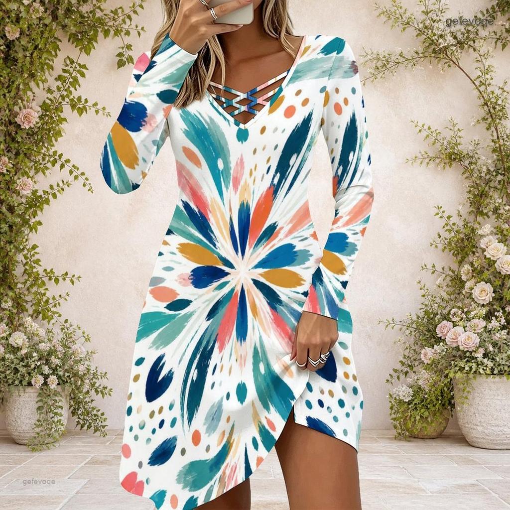 Women Criss Cross V Neck Long Sleeve Green Beige Printed Irregular Hem Dress