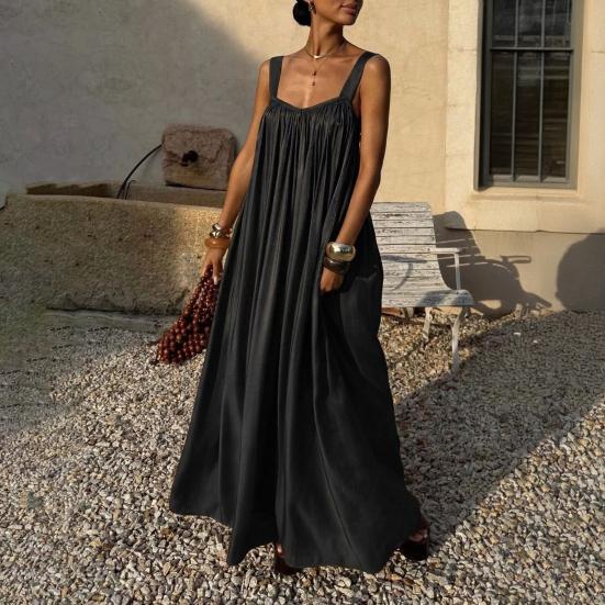 Women Summer Dress Sleeveless Spaghetti Strap Pleated Maxi Dress Beach Vacation Loose Flowy Sundress