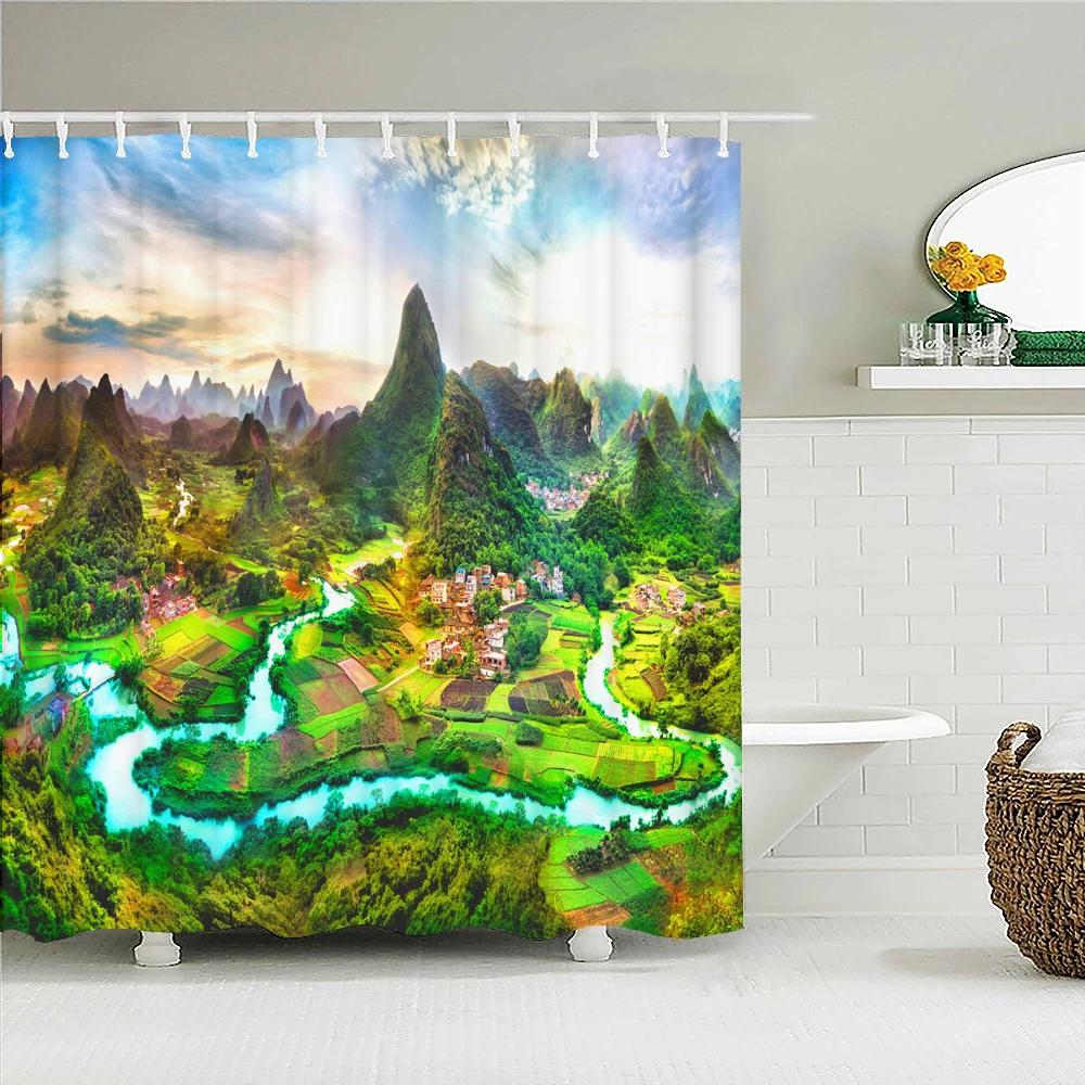 Bathroom Shower Curtain 3D Nature Forest Landscape Print Polyester Waterproof Curtain Home Decoration Curtain with Hook 180x200