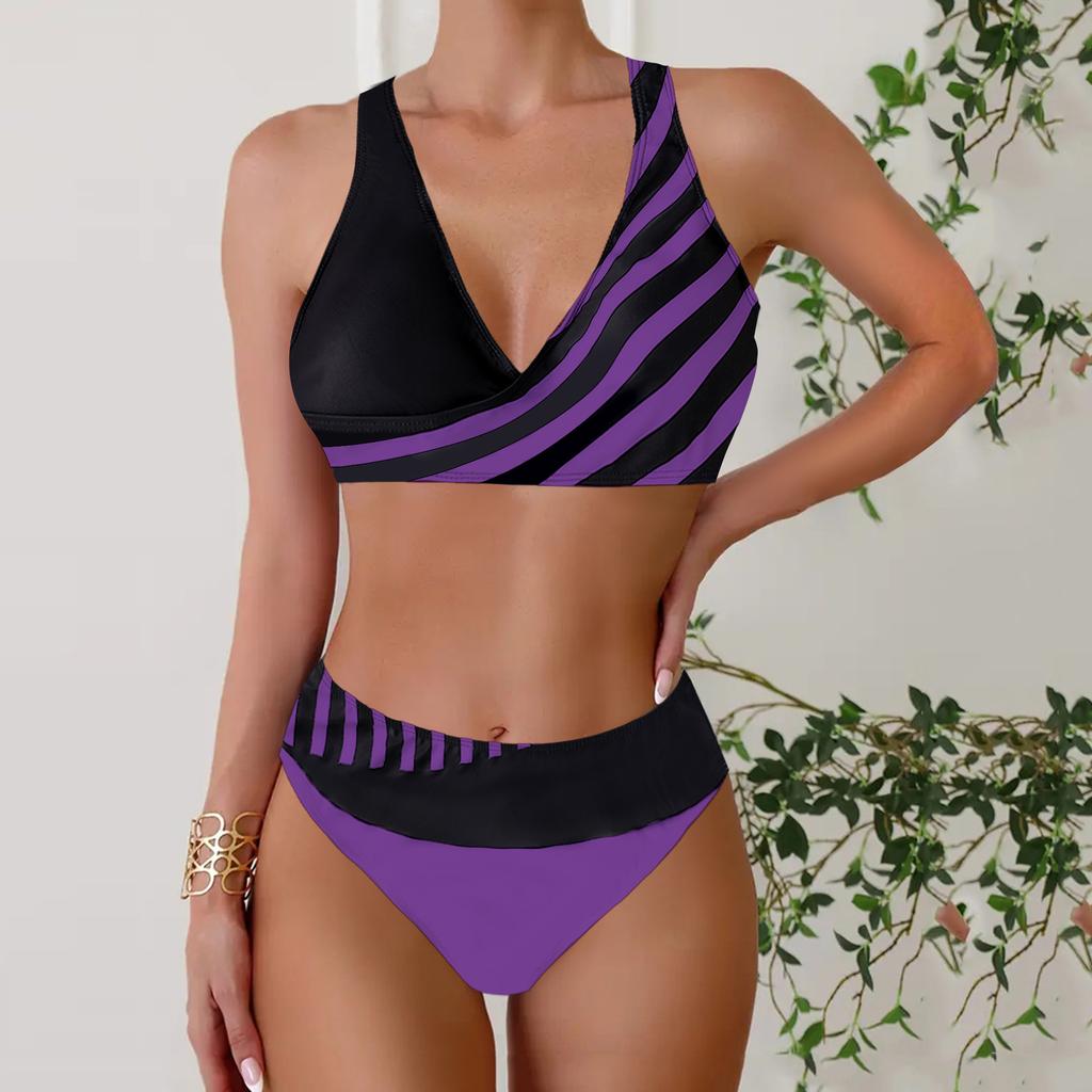Women's Halter Half Edge Stripe Print Bikini Tankini Swimsuit