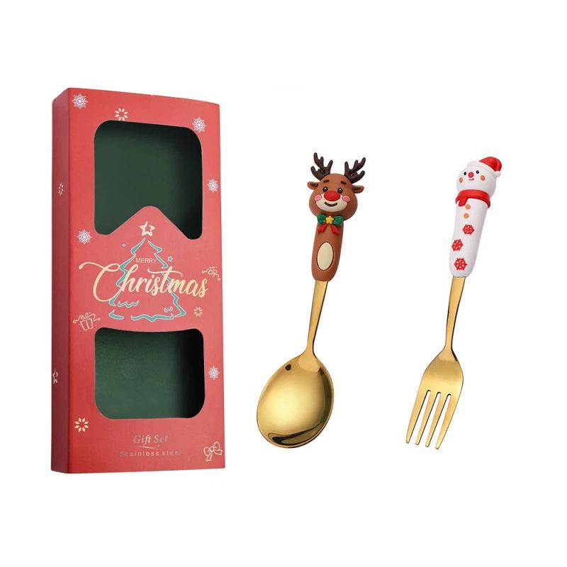 Kalėdinių šaukštelių rinkinys Kūrybingas stalo įrankių rinkinys Animacinis Kalėdų eglutės desertinis šaukštelis Šakutė Dovanų dėžutė