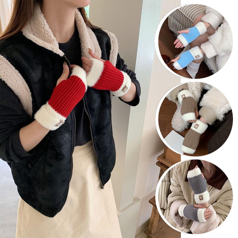 1Pair Fingerless Gloves Solid Color Plush Warm Knitted Soft Half-Finger Flexible Cold-proof