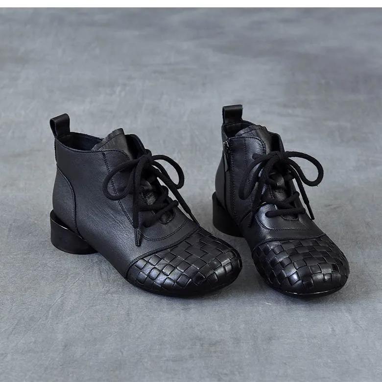Johnature Genuine Leather Hand Woven Thick Heel Ankle Boots Retro Soft Sole Versatile Women's Shoes