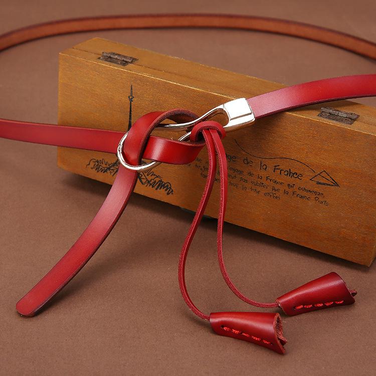 

Thin Knotting Up Genuine Leather Belt Women Alloy Clasp Suitable Work Leisure 105cm червоний