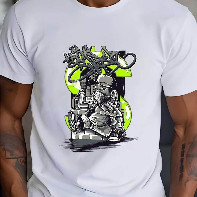 

European sizes Graffiti Design T-Shirt Gift for Dad Or Him in Father S Day Summer Casual Streetwear Tee Trendy Men s Short-Sleeve Crew Neck Tops S белый