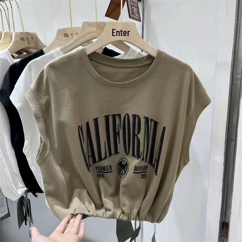 Damski bawełniany T-shirt bez rękawów w stylu europejskim - Letni, podkreślający talię, dopasowany, luźny top z okrągłym dekoltem
