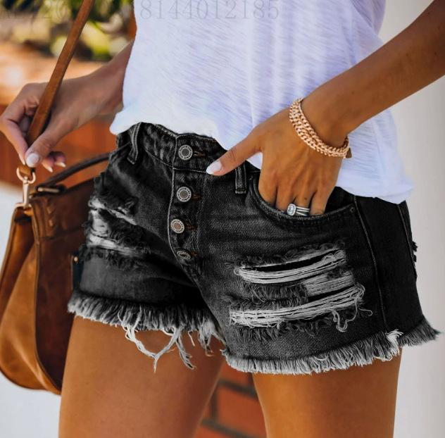 

Модные шорты из денима для женщин с кисточками и рваными краями, джинсовые шорты с высокой талией, женские летние джинсы Feminino M чёрный