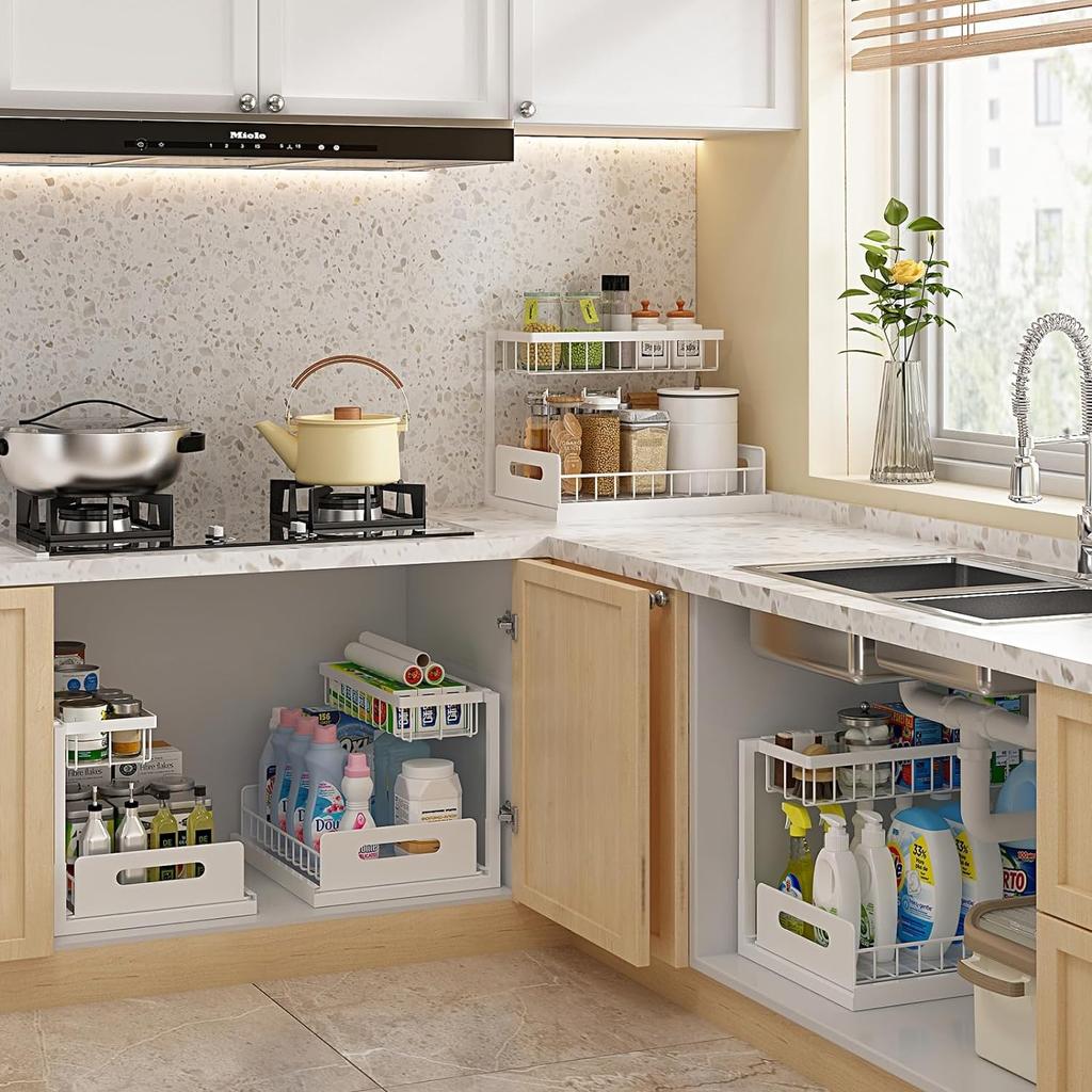 2 Tier Under Sink Organizer Pull Out Storage Rack With Sliding Drawer Storage Wire Basket For Kitchen Bathroom Cabinet Organizer