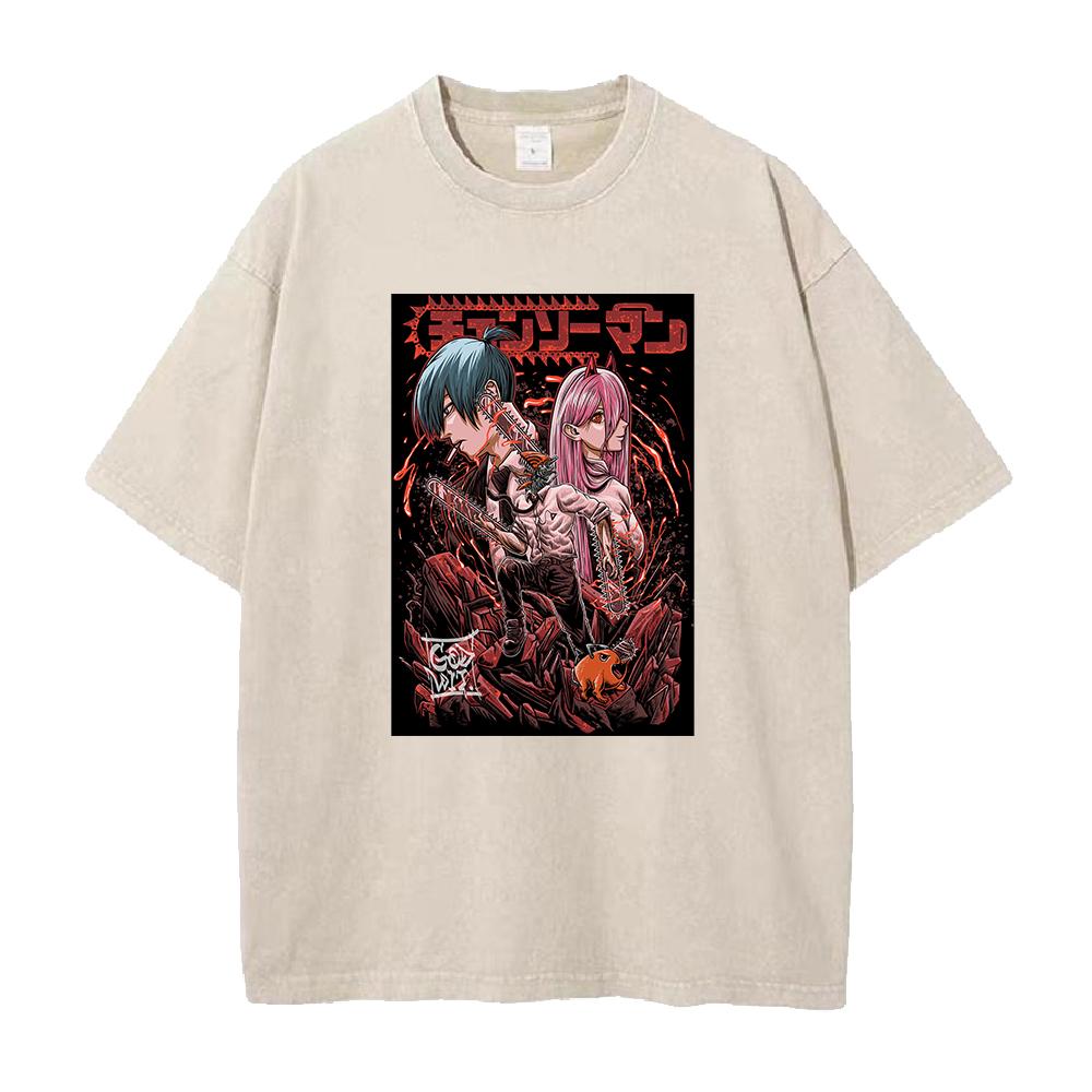 Chainsaw Man Anmie Tshirt Denji And Power Hayakawa Aki Print Men Women Washed Cotton Tshirts Harajuku Unisex Oversized T Shirt