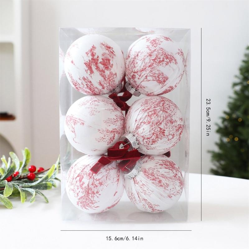 Indoor Christmas Trim Set of 6 with Fabric Finish and Ribbon Detail for Tree Use, Entry Tables, and Room Styling