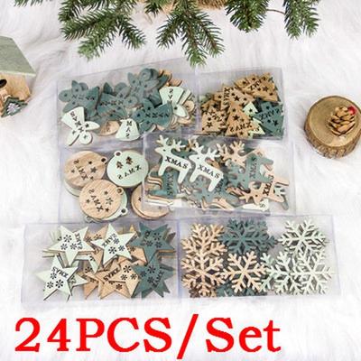 24pcs/set Wooden Christmas Tree Ornaments Snowflakes Stars Elk DIY Christmas Hanging Pendant
