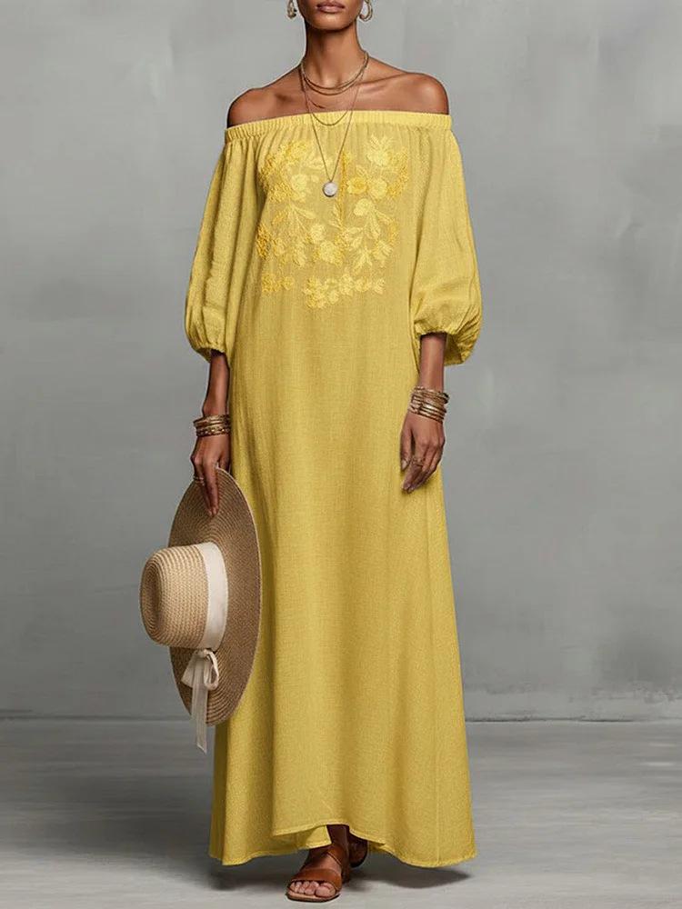 Elegant Floral Off-the-Shoulder Long Dress for Vacation L жёлтый