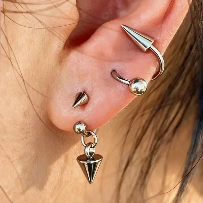 Punk Conical Pendant Horseshoe Ring Screw-on Stud Earrings