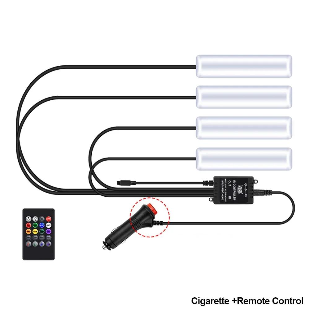 4Pcs LED Car Interior Atmosphere Backlight Ambient Mood Foot Light With Cigarette USB Lighter Decorative APP Remote Control Lamp