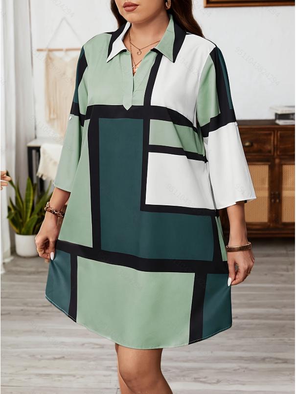 Plus Size Women's Printed V-Neck Long Sleeve Casual Dress - 2026 Spring/Summer