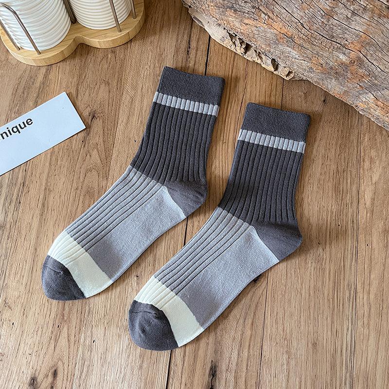 Men's Spring and Autumn Pure Color Cotton Striped Color Tube Socks