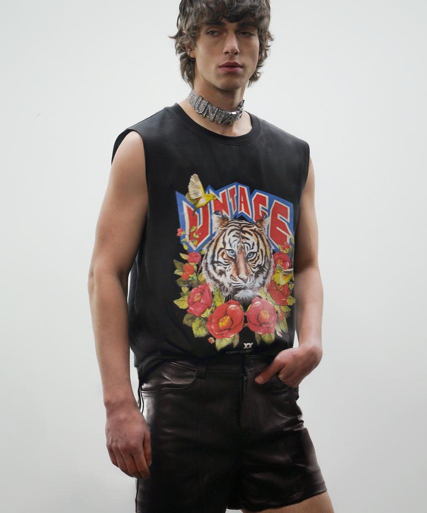 UNTAGE Tiger Print Sleeveless T-Shirt [Black(Unisex)]_Utt-St45