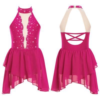 Kids Girls Rhinestone Figure Skating Ballet Lyrical Dance Costume Sheer Mesh Mock Neck Open Back Irregular Hem Dress Dancewear
