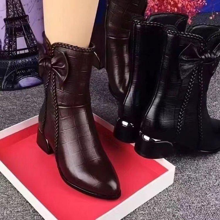 Bow medium leather boots women's 2025 autumn and winter new fashion thick heel single boots versatile British high heel Martin boots