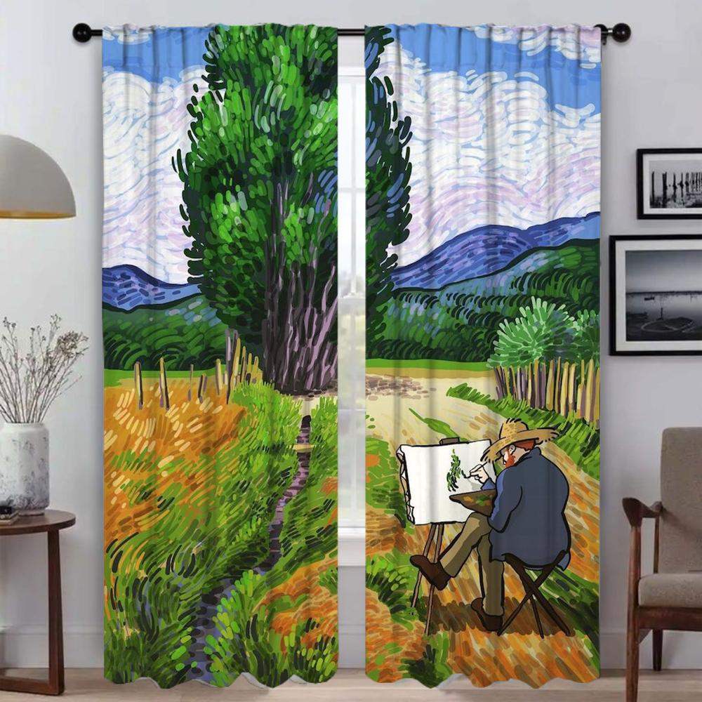 Zatemňovací kuchyňské závěsy pro obývací pokoj Závěs Van Gogh Domácí interiérové závěsy 2 kusy Stínítka Dělící tyl pro ložnici