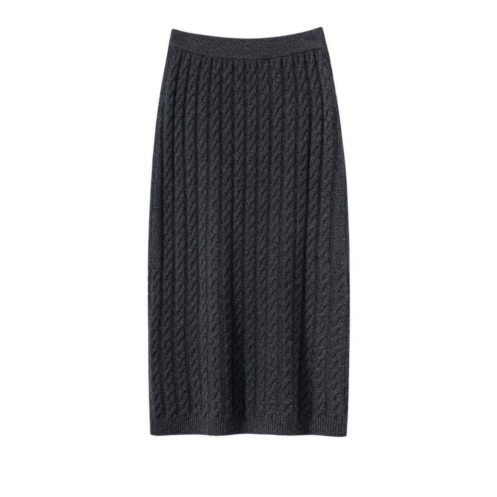 Cashmere Women's High-End Cable Knit Round Neck Sweater & High Waist Skirt Set