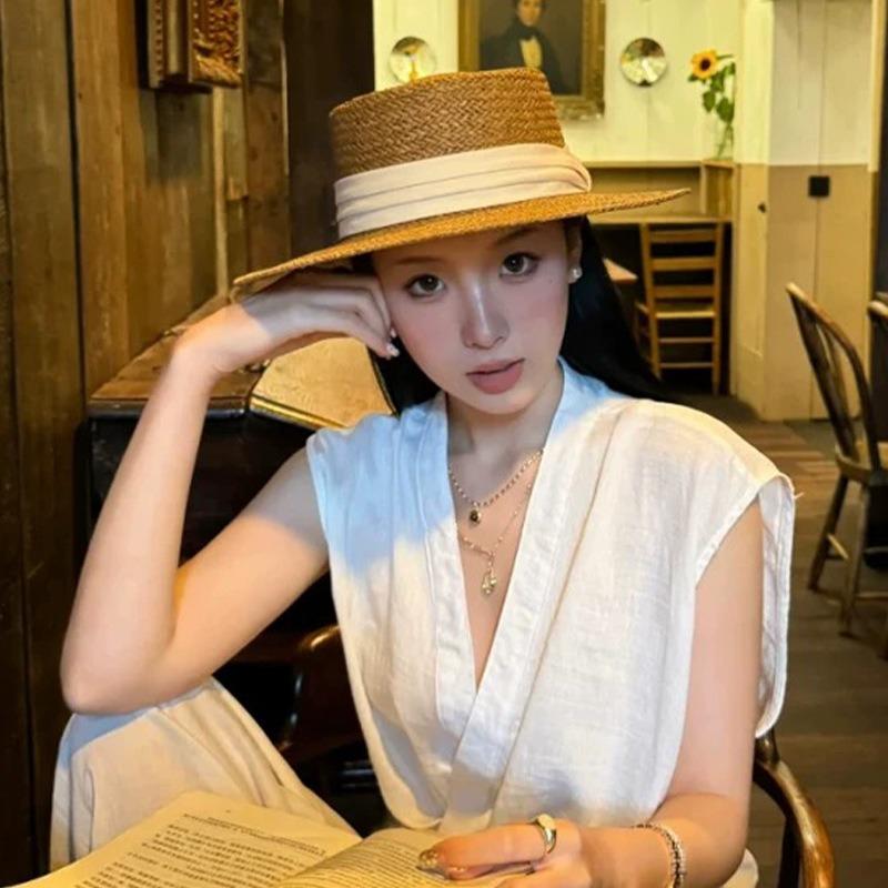 New Flat-top Straw Hat Women's Big Head Circumference Seaside Beach Top Hat Woven Sun Hat Summer