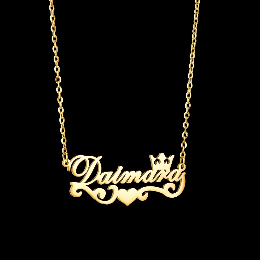 Atoztide Trendy Custom Frosted Name Letter Necklace Stainless Steel Personalized Crown Zircon Pendant for Women Jewelry Gift