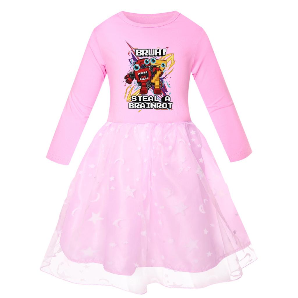5227 Kids Girls Steal a Brainrot 67 Six Seven Print Mesh Rainbow Round Neck Casual Casual Cotton Dress
