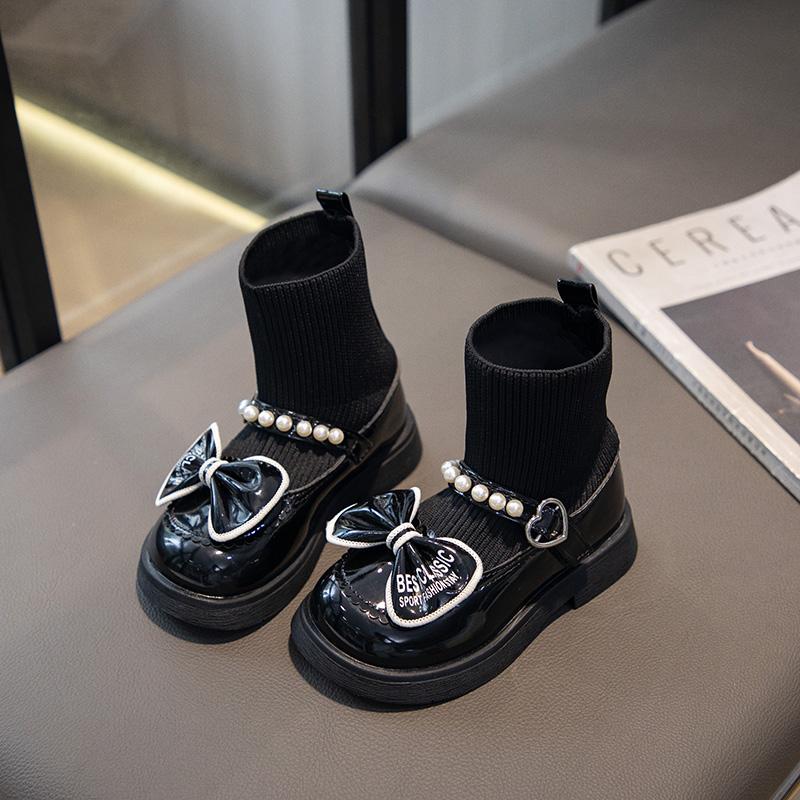 Girls Socks Boots Kids Ankle Boots with Bow-knot Fashion Elegant Glossy UK Uniform Children School Princess Boots Anti-Slippery