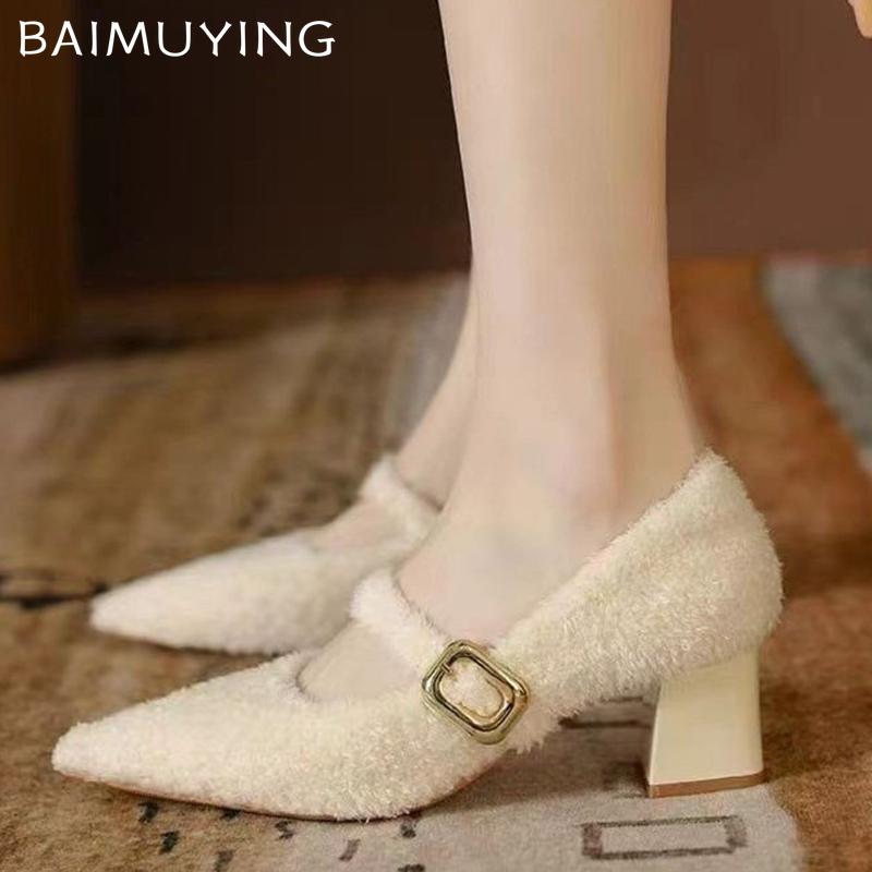 Chunky Fur Shallow Women Shoes Pointed Toe Elegant Mid Heels Shoes 2025 Trend Designer Buckle Pumps Winter Fashion Mujer Zapatos