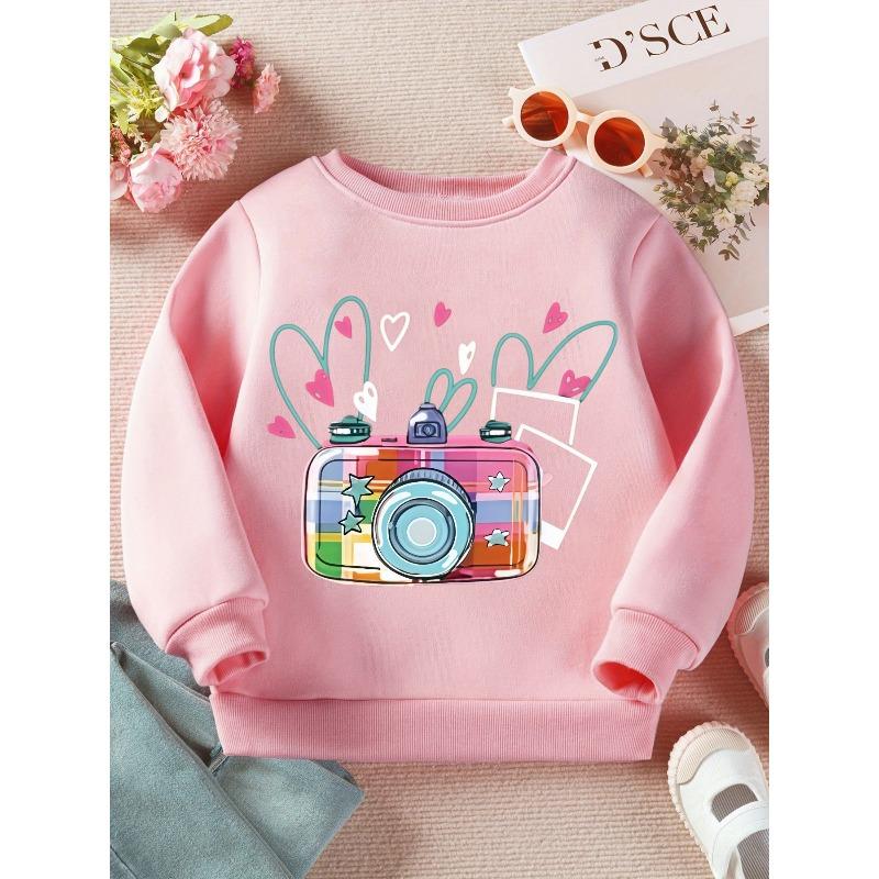 Kids Crewneck Sweatshirt, Colorful Plaid Cartoon Camera Print Long Sleeve Casual Top for Spring Autumn