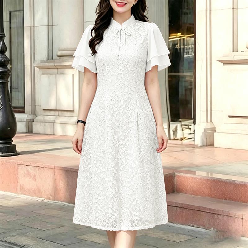 ZANZEA Women Stand Collar Casual Short Sleeve Lace Patchwork Dress M белый