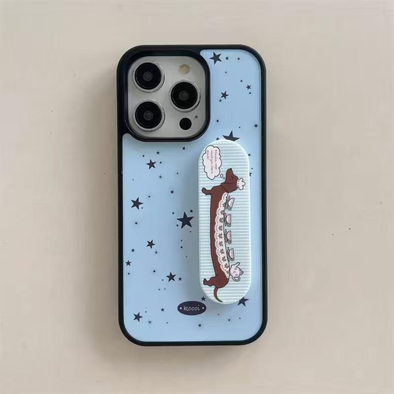 Korean Blue Star Cute Puppy Cartoon Band Aid Bracket Phone Case For iPhone 17 Air 16 15 14 13 12 11 Pro Max Plus Kawaii Cover