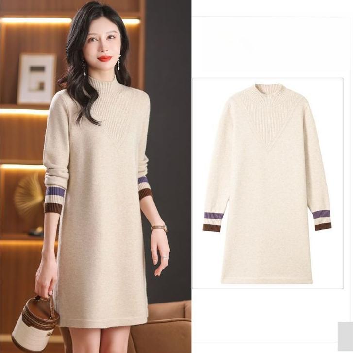 Mid-length Knitted Sweater Women's Fashion Solid Color Loose Large-sized Sweater Autumn and Winter Casual Half Turtleneck Pullover