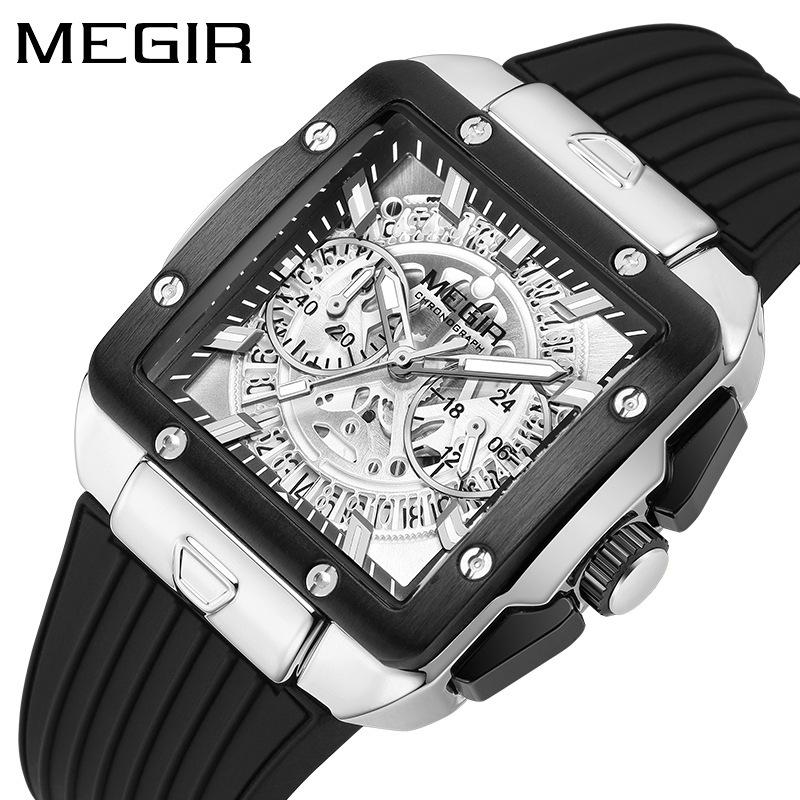 Watc Square Men'S Silicone Strap Multifunctional Chronograph Sports Quartz Watch 2228
