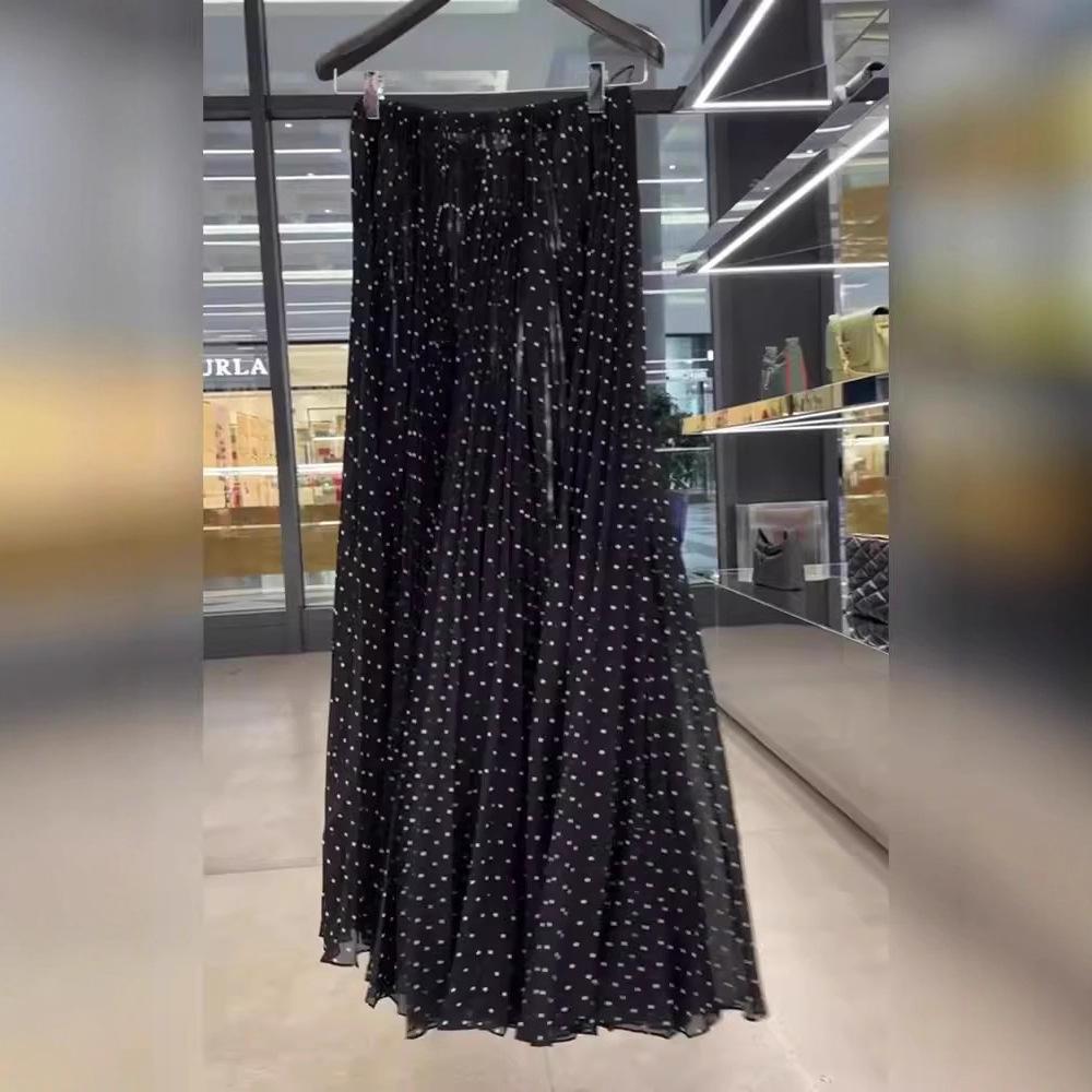 Black Polka Dot Skirt Women's Spring and Summer New High Waist Medium and Long Skirt Elastic Waist Thin Pleated Skirt Women