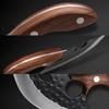 Hand Forged Curved Kitchen Knife, Hammer Pattern High Carbon Steel Blade, Ergonomic Wooden Handle, Matching Leather Sheath Included