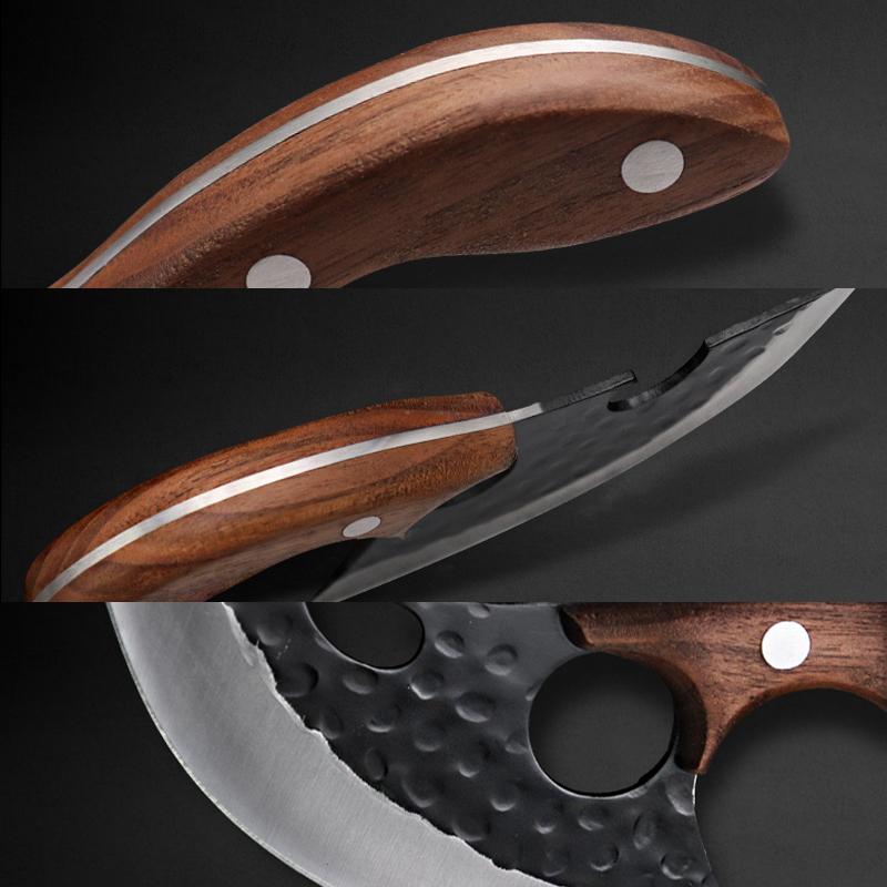 Hand Forged Curved Kitchen Knife, Hammer Pattern High Carbon Steel Blade, Ergonomic Wooden Handle, Matching Leather Sheath Included