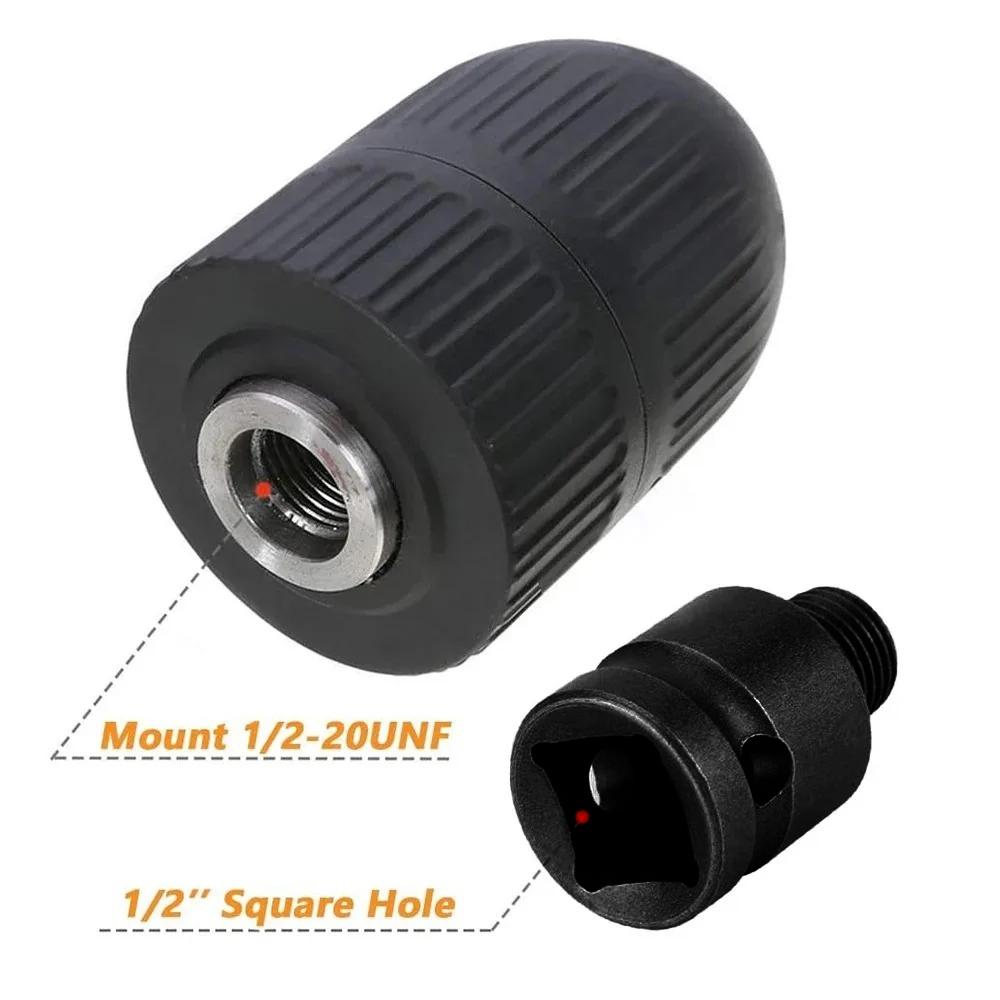 Keyless Drill Chuck,Clamp Range 2mm~13mm(0.08"~0.51"),1/2-20UNF Quick Grip Chuck with 1/2inch Chuck Socket Square Female Adapter Tire Chucks 1