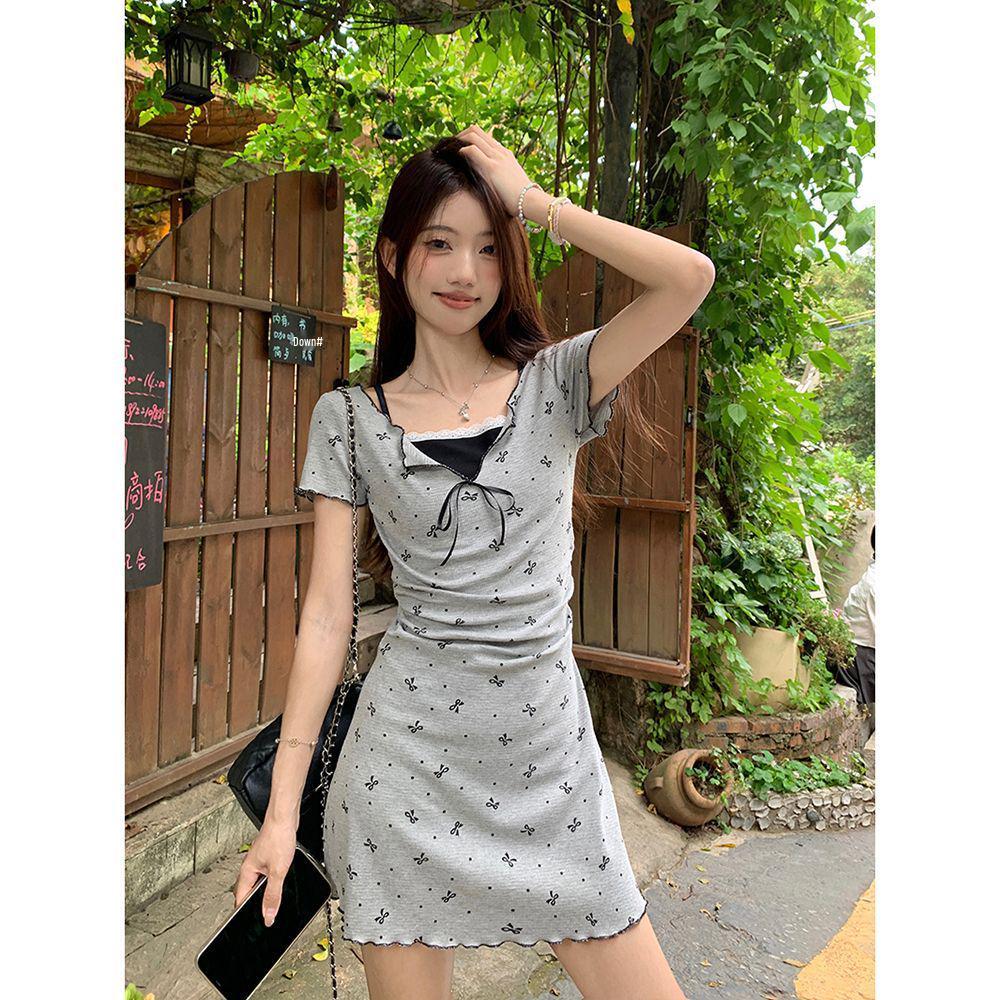 

Bow Print Lace Trim A-Line Dress - Women s Summer Slimming Short-Sleeve Style S (for weight under 100 jin)