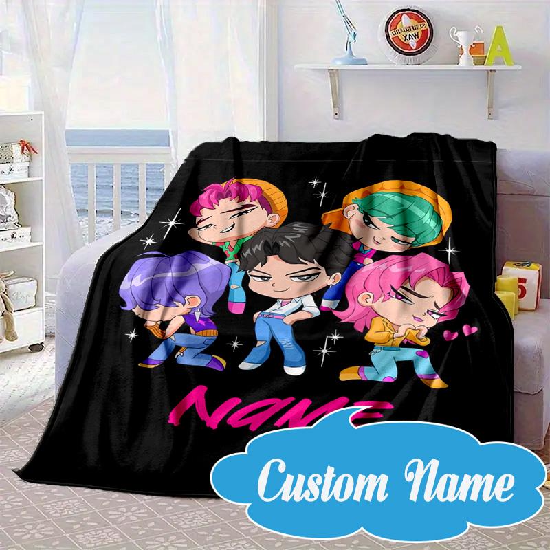 Custom Name KPop Cartoon Blanket Bed Sofa Blanket Flannel Blanket for Camping, Hiking, Picnic Essentials,gift for Fan Family