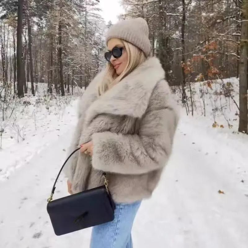Women's Fashionable Luxury Fox Fur Jacket Fall Winter Long Sleeve Warm Suede Streetwear Casual Outerwear